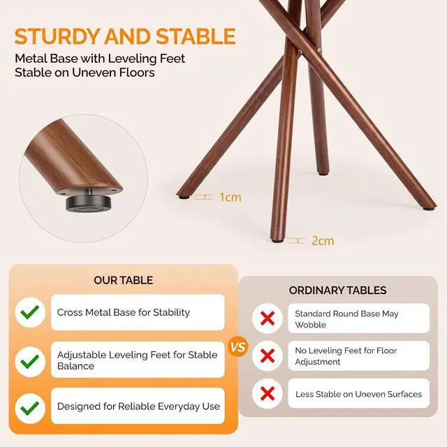 Alt view image 4 of 7 - VINGLI 37.5" Round Dining Table for 4, Wood Kitchen Table, Walnut | Cross Metal Leg, Adjustable Feet, Wood Tabletop, Mid-Century Modern Style, for Living Room, Dining Room, Kitchen, Small Place