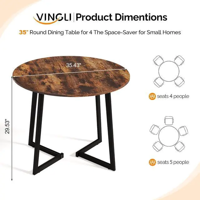 Alt view image 2 of 7 - VINGLI Round Dining Table for 2-4, 35" Modern Kitchen Table, Rustic Brown | with Metal Legs, Wood Tabletop, Space-Saving, for Home, Kitchen, Small Space, Apartment