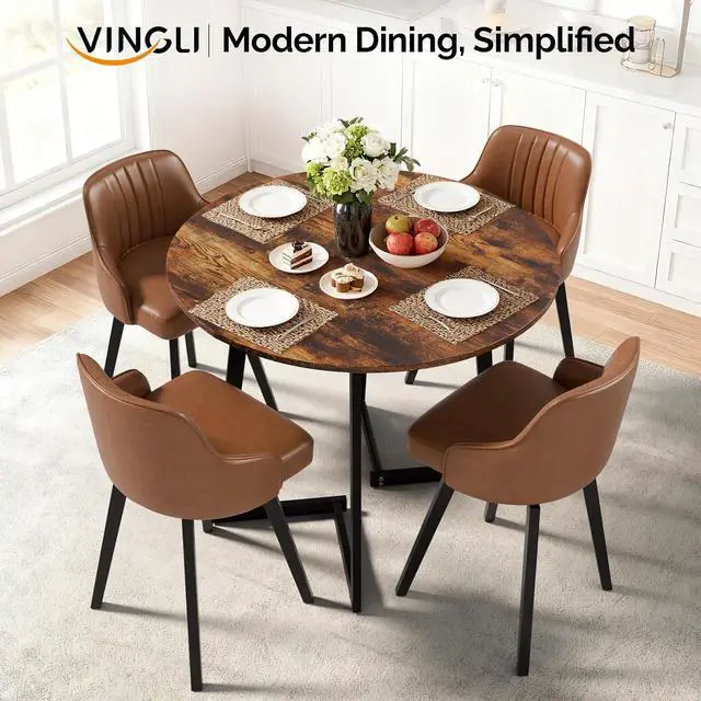 Alt view image 3 of 7 - VINGLI Round Dining Table for 2-4, 35" Modern Kitchen Table, Rustic Brown | with Metal Legs, Wood Tabletop, Space-Saving, for Home, Kitchen, Small Space, Apartment