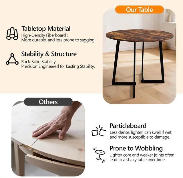 Alt view image 6 of 7 - VINGLI Round Dining Table for 2-4, 35" Modern Kitchen Table, Rustic Brown | with Metal Legs, Wood Tabletop, Space-Saving, for Home, Kitchen, Small Space, Apartment
