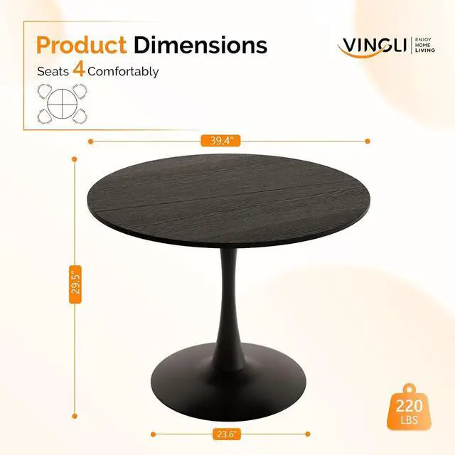 Alt view image 2 of 7 - VINGLI Round Dining Table, 39" Tulip Table for 4, Black | Thickened Tabletop, Metal Pedestal, Mid Century Modern Style, Bistro Table for Dining Room, Kitchen, Living Room, Small Place