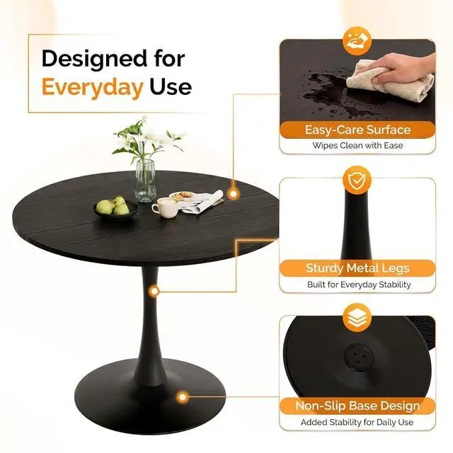 Alt view image 4 of 7 - VINGLI Round Dining Table, 39" Tulip Table for 4, Black | Thickened Tabletop, Metal Pedestal, Mid Century Modern Style, Bistro Table for Dining Room, Kitchen, Living Room, Small Place