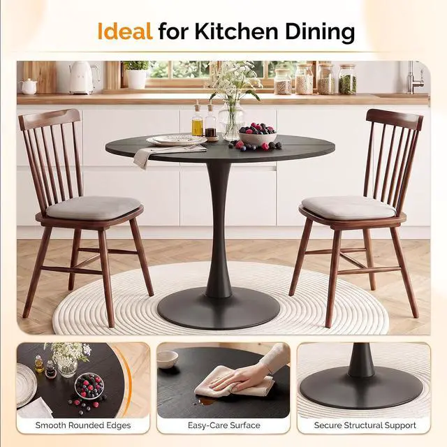 Alt view image 3 of 7 - VINGLI Round Dining Table, 39" Tulip Table for 4, Black | Thickened Tabletop, Metal Pedestal, Mid Century Modern Style, Bistro Table for Dining Room, Kitchen, Living Room, Small Place