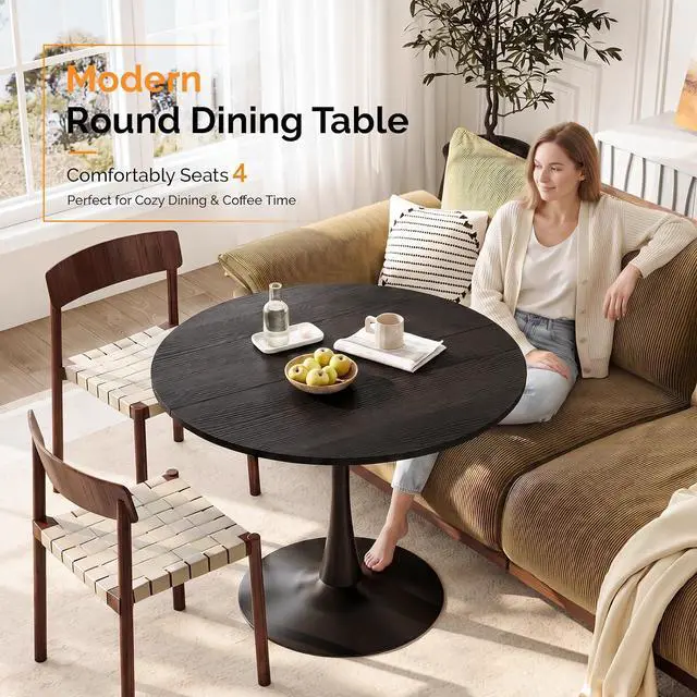 Alt view image 5 of 7 - VINGLI Round Dining Table, 39" Tulip Table for 4, Black | Thickened Tabletop, Metal Pedestal, Mid Century Modern Style, Bistro Table for Dining Room, Kitchen, Living Room, Small Place