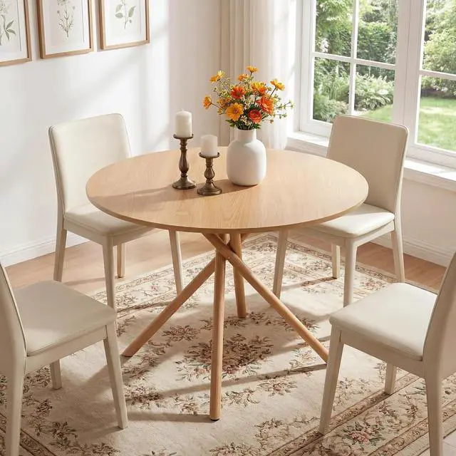 Main image of VINGLI 37.5" Round Dining Table for 4, Wood Kitchen Table, Oak | Cross Metal Leg, Adjustable Feet, Wood Tabletop, Mid-Century Modern Style, for Living Room, Dining Room, Kitchen, Small Place
