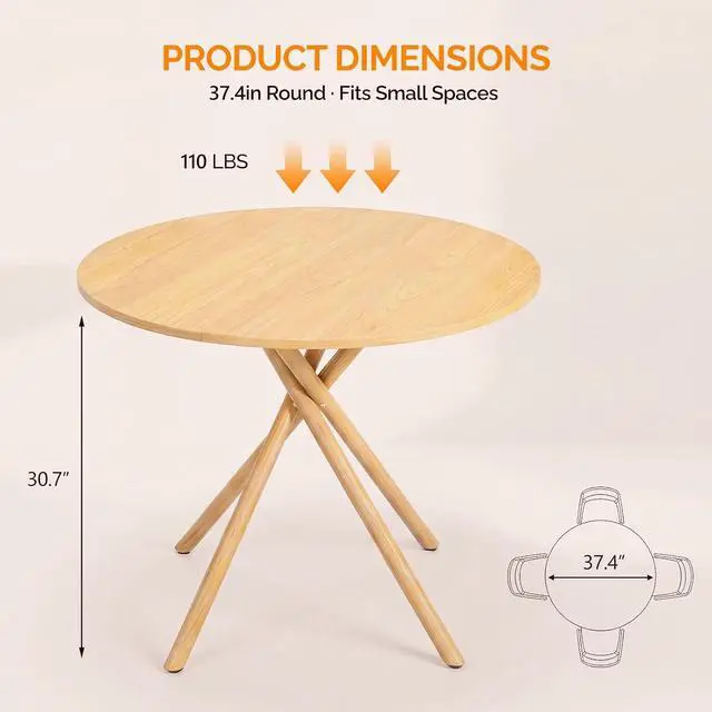 Alt view image 2 of 7 - VINGLI 37.5" Round Dining Table for 4, Wood Kitchen Table, Oak | Cross Metal Leg, Adjustable Feet, Wood Tabletop, Mid-Century Modern Style, for Living Room, Dining Room, Kitchen, Small Place