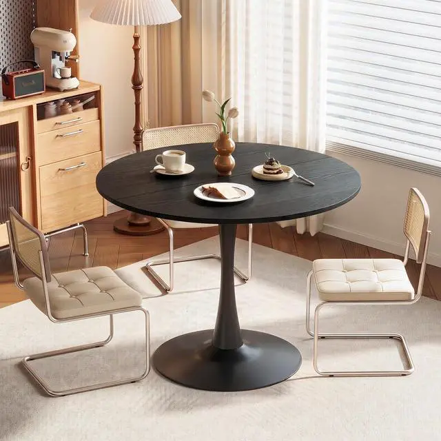 Alt view image 6 of 7 - VINGLI Round Dining Table, 39" Tulip Table for 4, Black | Thickened Tabletop, Metal Pedestal, Mid Century Modern Style, Bistro Table for Dining Room, Kitchen, Living Room, Small Place