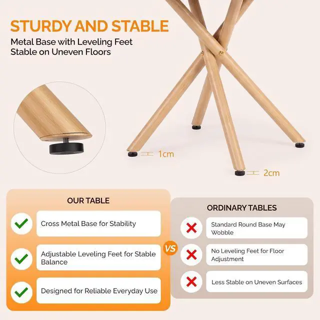 Alt view image 4 of 7 - VINGLI 37.5" Round Dining Table for 4, Wood Kitchen Table, Oak | Cross Metal Leg, Adjustable Feet, Wood Tabletop, Mid-Century Modern Style, for Living Room, Dining Room, Kitchen, Small Place
