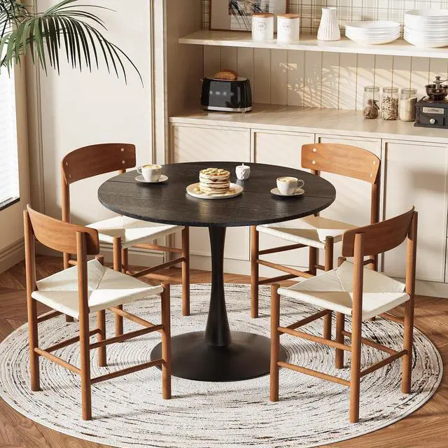 Alt view image 7 of 7 - VINGLI Round Dining Table, 39" Tulip Table for 4, Black | Thickened Tabletop, Metal Pedestal, Mid Century Modern Style, Bistro Table for Dining Room, Kitchen, Living Room, Small Place