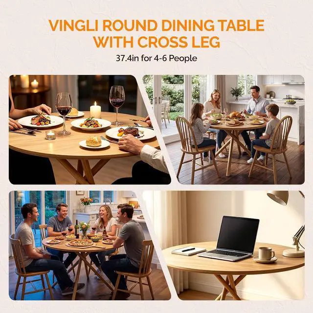 Alt view image 6 of 7 - VINGLI 37.5" Round Dining Table for 4, Wood Kitchen Table, Oak | Cross Metal Leg, Adjustable Feet, Wood Tabletop, Mid-Century Modern Style, for Living Room, Dining Room, Kitchen, Small Place