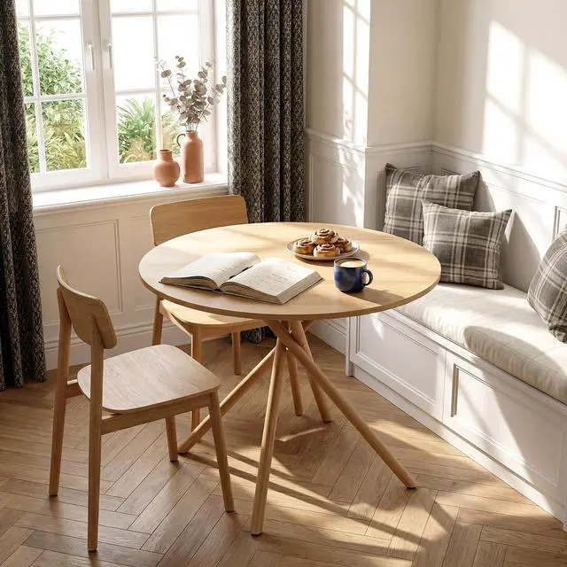 Alt view image 7 of 7 - VINGLI 37.5" Round Dining Table for 4, Wood Kitchen Table, Oak | Cross Metal Leg, Adjustable Feet, Wood Tabletop, Mid-Century Modern Style, for Living Room, Dining Room, Kitchen, Small Place