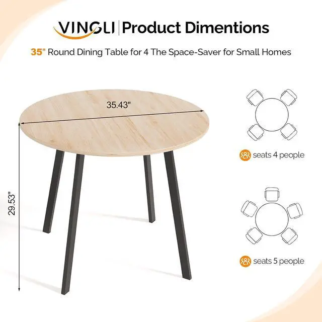 Alt view image 2 of 7 - VINGLI Round Dining Table for 2-4, 35" Modern Kitchen Table, Oak | with Metal Cross Legs, Wood Tabletop, Space-Saving, for Home, Kitchen, Small Space, Apartment