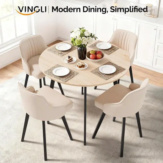 Alt view image 6 of 7 - VINGLI Round Dining Table for 2-4, 35" Modern Kitchen Table, Oak | with Metal Cross Legs, Wood Tabletop, Space-Saving, for Home, Kitchen, Small Space, Apartment