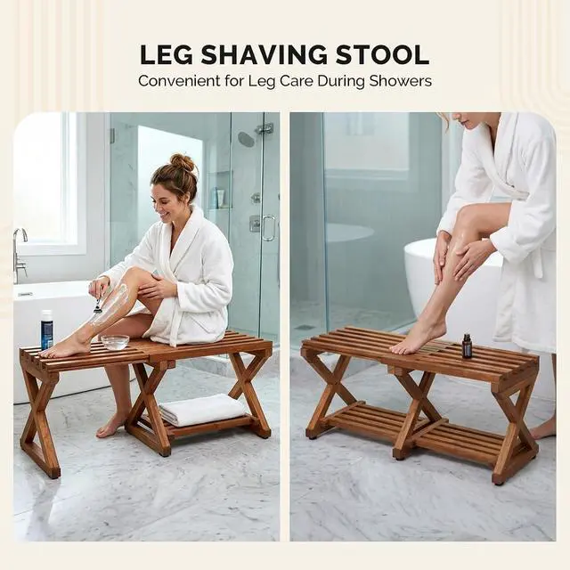 Alt view image 4 of 7 - VINGLI Extendable Wooden Shower Bench | Adjustable 17-31 Inch Bath Seat with Storage Shelf, Waterproof Shower Stool for Inside Shower,Shaving, Bathtub, Spa & Sauna