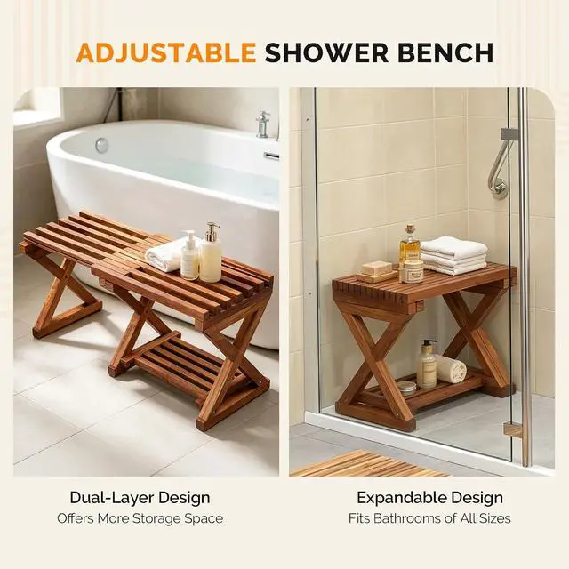 Alt view image 3 of 7 - VINGLI Extendable Wooden Shower Bench | Adjustable 17-31 Inch Bath Seat with Storage Shelf, Waterproof Shower Stool for Inside Shower,Shaving, Bathtub, Spa & Sauna