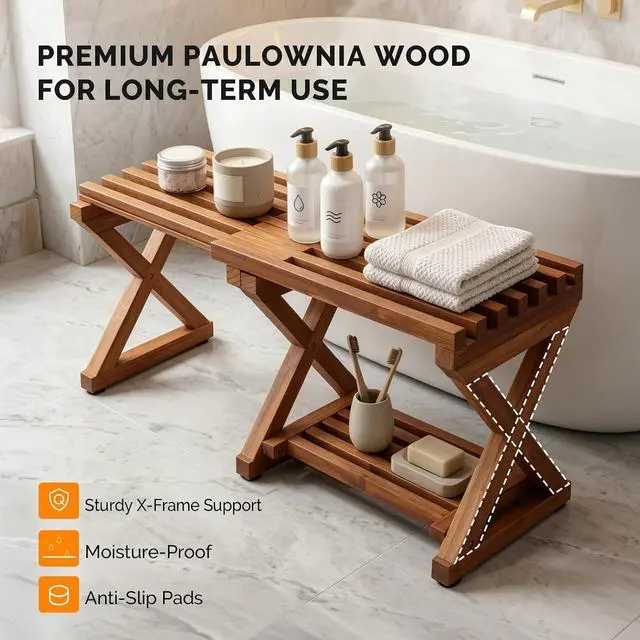 Alt view image 5 of 7 - VINGLI Extendable Wooden Shower Bench | Adjustable 17-31 Inch Bath Seat with Storage Shelf, Waterproof Shower Stool for Inside Shower,Shaving, Bathtub, Spa & Sauna
