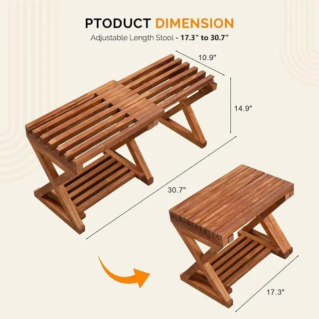 Alt view image 2 of 7 - VINGLI Extendable Wooden Shower Bench | Adjustable 17-31 Inch Bath Seat with Storage Shelf, Waterproof Shower Stool for Inside Shower,Shaving, Bathtub, Spa & Sauna