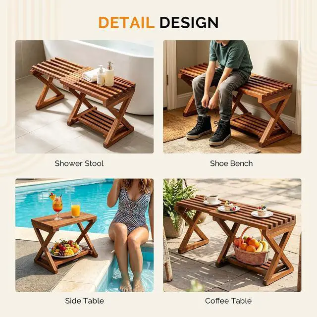 Alt view image 6 of 7 - VINGLI Extendable Wooden Shower Bench | Adjustable 17-31 Inch Bath Seat with Storage Shelf, Waterproof Shower Stool for Inside Shower,Shaving, Bathtub, Spa & Sauna