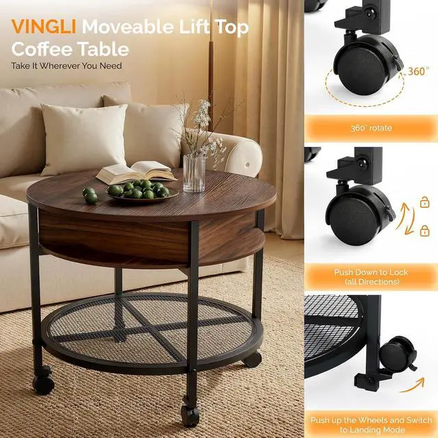 Alt view image 4 of 7 - VINGLI 27" Round Lift Top Coffee Table with Wheels & Lights, Walnut | Removable Coffee Table with Hidden Compartment Storage & Metal Shelf, Small Farmhouse Coffee Tables for Living Room, Office