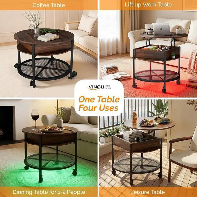 Alt view image 7 of 7 - VINGLI 27" Round Lift Top Coffee Table with Wheels & Lights, Walnut | Removable Coffee Table with Hidden Compartment Storage & Metal Shelf, Small Farmhouse Coffee Tables for Living Room, Office