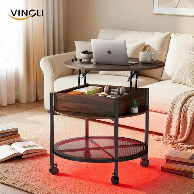 Alt view image 2 of 7 - VINGLI 27" Round Lift Top Coffee Table with Wheels & Lights, Walnut | Removable Coffee Table with Hidden Compartment Storage & Metal Shelf, Small Farmhouse Coffee Tables for Living Room, Office