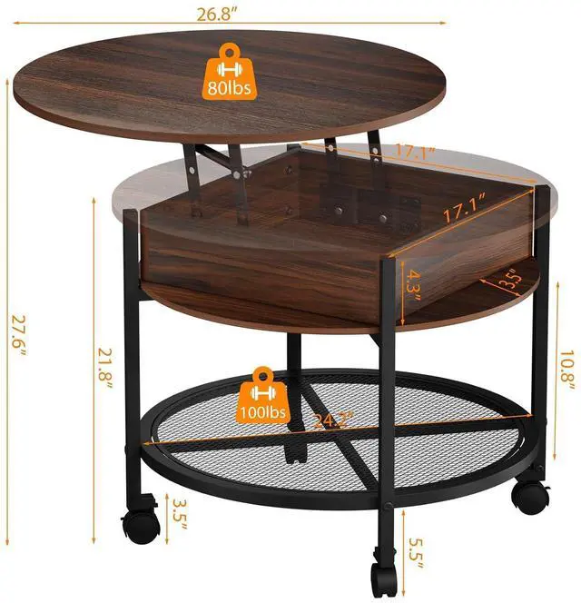 Alt view image 3 of 7 - VINGLI 27" Round Lift Top Coffee Table with Wheels & Lights, Walnut | Removable Coffee Table with Hidden Compartment Storage & Metal Shelf, Small Farmhouse Coffee Tables for Living Room, Office
