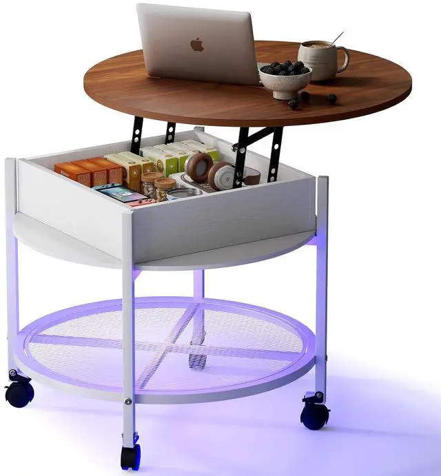 Main image of VINGLI 27" Round Lift Top Coffee Table with Wheels & Lights, White & Brown | Removable Coffee Table with Hidden Compartment Storage & Metal Shelf, Small Farmhouse Coffee Tables for Living Room, Office