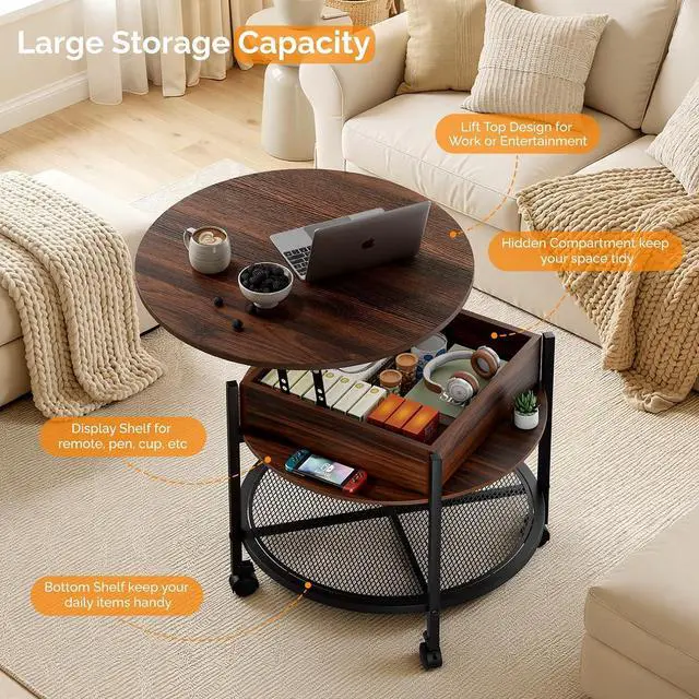 Alt view image 5 of 7 - VINGLI 27" Round Lift Top Coffee Table with Wheels & Lights, Walnut | Removable Coffee Table with Hidden Compartment Storage & Metal Shelf, Small Farmhouse Coffee Tables for Living Room, Office