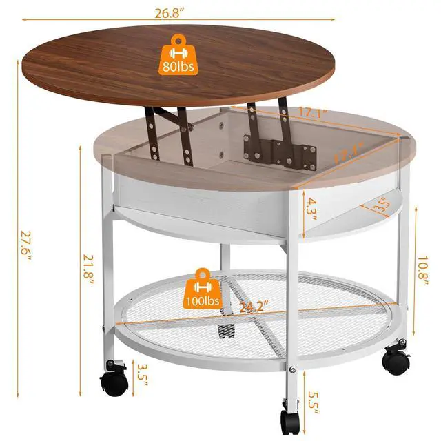 Alt view image 2 of 7 - VINGLI 27" Round Lift Top Coffee Table with Wheels & Lights, White & Brown | Removable Coffee Table with Hidden Compartment Storage & Metal Shelf, Small Farmhouse Coffee Tables for Living Room, Office