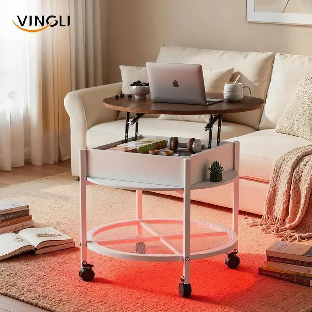 Alt view image 3 of 7 - VINGLI 27" Round Lift Top Coffee Table with Wheels & Lights, White & Brown | Removable Coffee Table with Hidden Compartment Storage & Metal Shelf, Small Farmhouse Coffee Tables for Living Room, Office