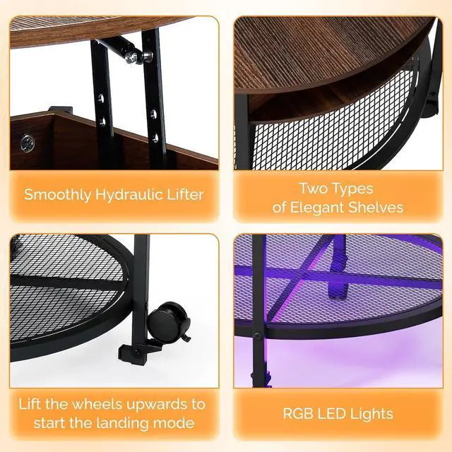 Alt view image 6 of 7 - VINGLI 27" Round Lift Top Coffee Table with Wheels & Lights, White & Brown | Removable Coffee Table with Hidden Compartment Storage & Metal Shelf, Small Farmhouse Coffee Tables for Living Room, Office