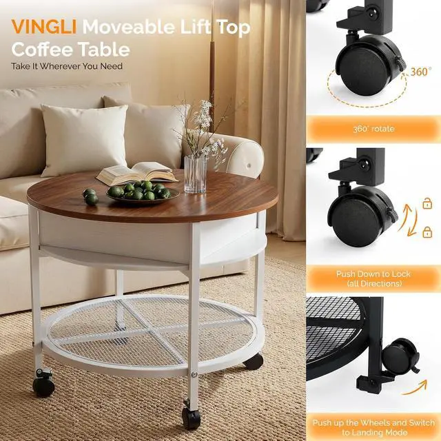 Alt view image 4 of 7 - VINGLI 27" Round Lift Top Coffee Table with Wheels & Lights, White & Brown | Removable Coffee Table with Hidden Compartment Storage & Metal Shelf, Small Farmhouse Coffee Tables for Living Room, Office