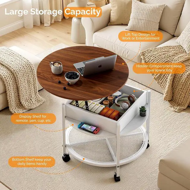 Alt view image 5 of 7 - VINGLI 27" Round Lift Top Coffee Table with Wheels & Lights, White & Brown | Removable Coffee Table with Hidden Compartment Storage & Metal Shelf, Small Farmhouse Coffee Tables for Living Room, Office