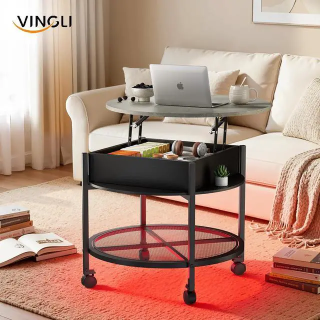 Alt view image 2 of 7 - VINGLI 27" Round Lift Top Coffee Table with Wheels & Lights, Black & Grey | Removable Coffee Table with Hidden Compartment Storage & Metal Shelf, Small Farmhouse Coffee Tables for Living Room, Office