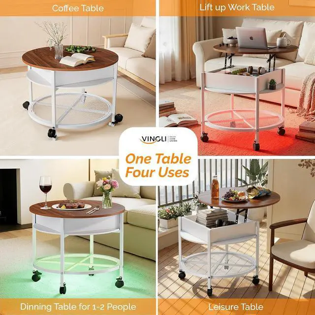 Alt view image 7 of 7 - VINGLI 27" Round Lift Top Coffee Table with Wheels & Lights, White & Brown | Removable Coffee Table with Hidden Compartment Storage & Metal Shelf, Small Farmhouse Coffee Tables for Living Room, Office