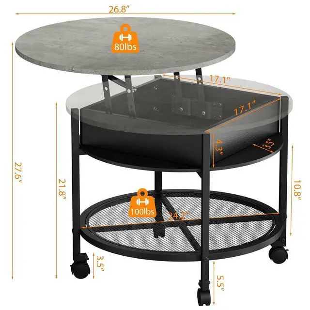 Alt view image 3 of 7 - VINGLI 27" Round Lift Top Coffee Table with Wheels & Lights, Black & Grey | Removable Coffee Table with Hidden Compartment Storage & Metal Shelf, Small Farmhouse Coffee Tables for Living Room, Office