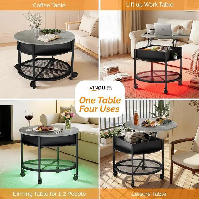 Alt view image 7 of 7 - VINGLI 27" Round Lift Top Coffee Table with Wheels & Lights, Black & Grey | Removable Coffee Table with Hidden Compartment Storage & Metal Shelf, Small Farmhouse Coffee Tables for Living Room, Office