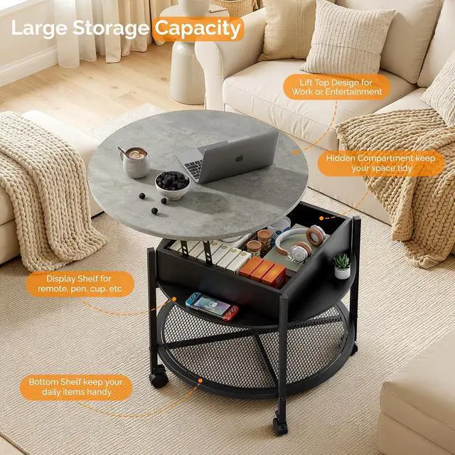 Alt view image 5 of 7 - VINGLI 27" Round Lift Top Coffee Table with Wheels & Lights, Black & Grey | Removable Coffee Table with Hidden Compartment Storage & Metal Shelf, Small Farmhouse Coffee Tables for Living Room, Office