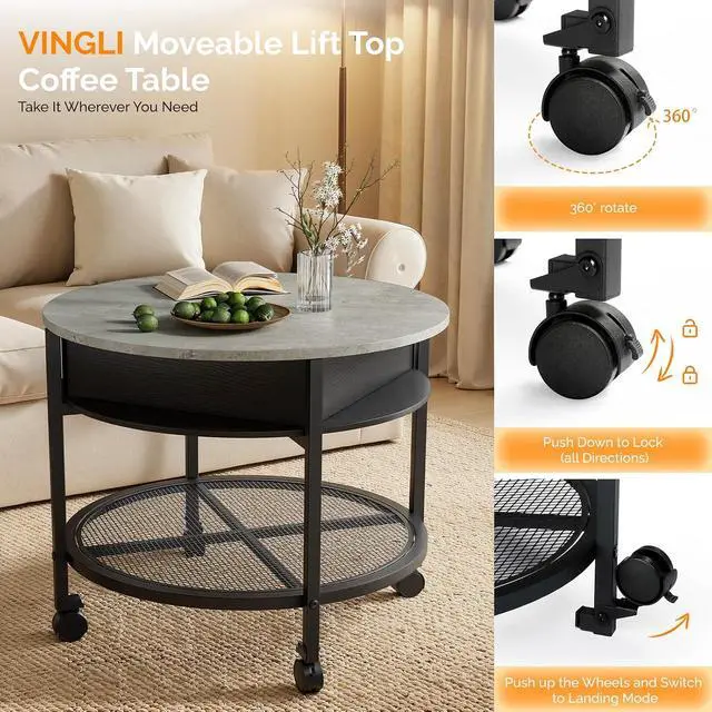 Alt view image 4 of 7 - VINGLI 27" Round Lift Top Coffee Table with Wheels & Lights, Black & Grey | Removable Coffee Table with Hidden Compartment Storage & Metal Shelf, Small Farmhouse Coffee Tables for Living Room, Office