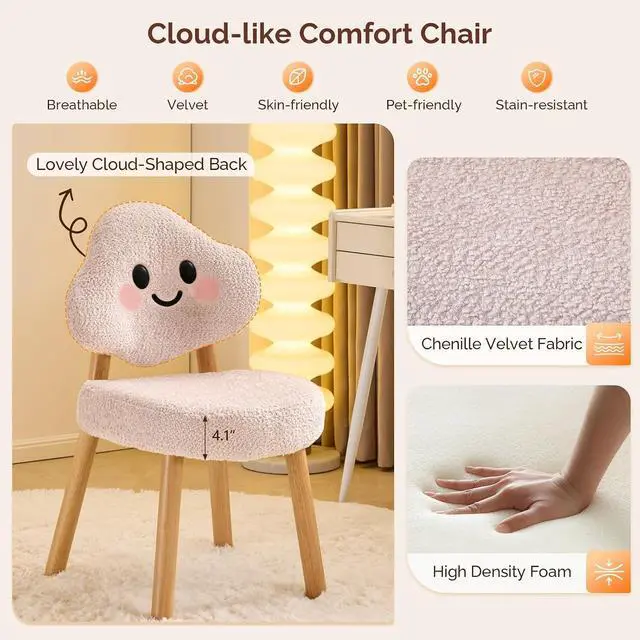Alt view image 4 of 7 - VINGLI Cute Cloud-Back Armless Vanity Chair with No Wheels, Modern Desk Chair with 4 Solid Wood Legs for Girls, Plush Chenille Velvet Comfy Makeup Accent Chair for Bedroom,Living Room,Office, Pink