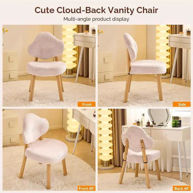 Alt view image 6 of 7 - VINGLI Cute Cloud-Back Armless Vanity Chair with No Wheels, Modern Desk Chair with 4 Solid Wood Legs for Girls, Plush Chenille Velvet Comfy Makeup Accent Chair for Bedroom,Living Room,Office, Pink