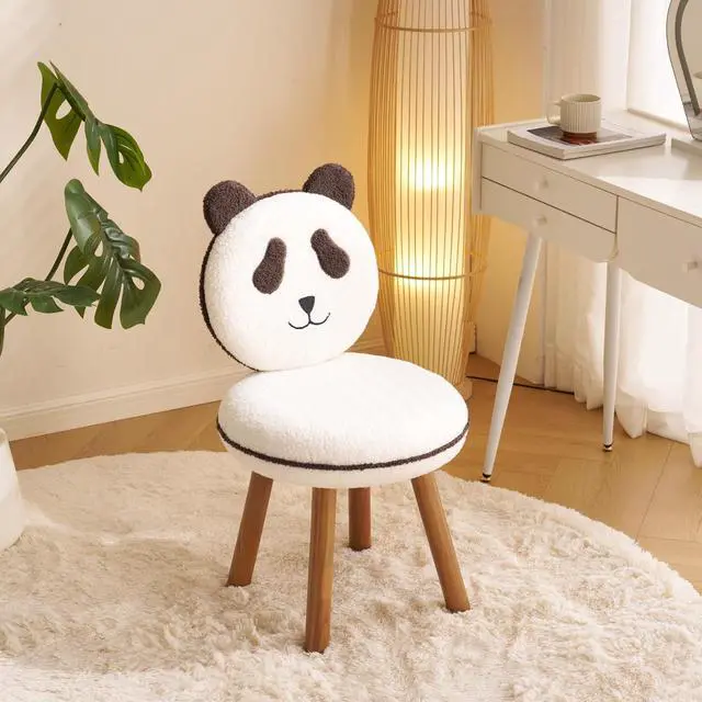 Alt view image 2 of 7 - VINGLI Cute Panda Vanity Chair No Wheels w/Solid Wood Legs & 18.1" W Seat,Armless Modern Accent Chair w/Backrest, Soft Cozy Makeup Chair,for Bedroom,Teenager Playroom,Reading Nook,Teddy Fleece,Brown