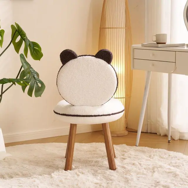 Alt view image 6 of 7 - VINGLI Cute Panda Vanity Chair No Wheels w/Solid Wood Legs & 18.1" W Seat,Armless Modern Accent Chair w/Backrest, Soft Cozy Makeup Chair,for Bedroom,Teenager Playroom,Reading Nook,Teddy Fleece,Brown