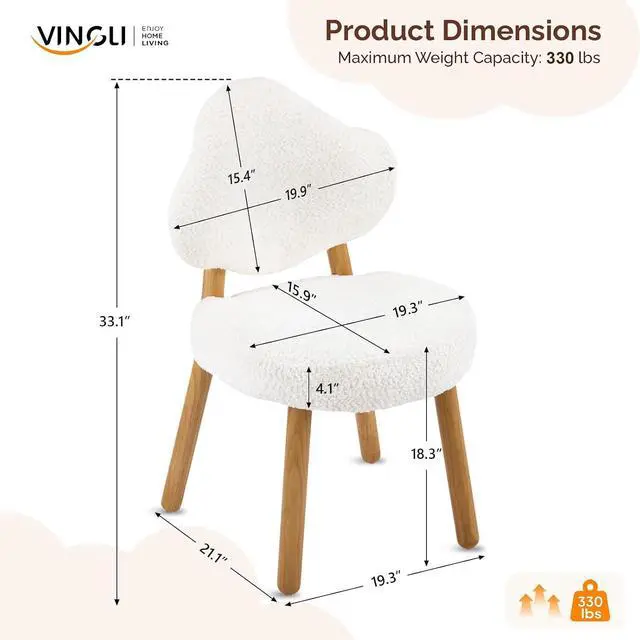 Alt view image 2 of 7 - VINGLI Cute Cloud-Back Armless Vanity Chair with No Wheels, Modern Desk Chair with 4 Solid Wood Legs for Girls, Plush Chenille Velvet Comfy Makeup Accent Chair for Bedroom,Living Room,Office, White