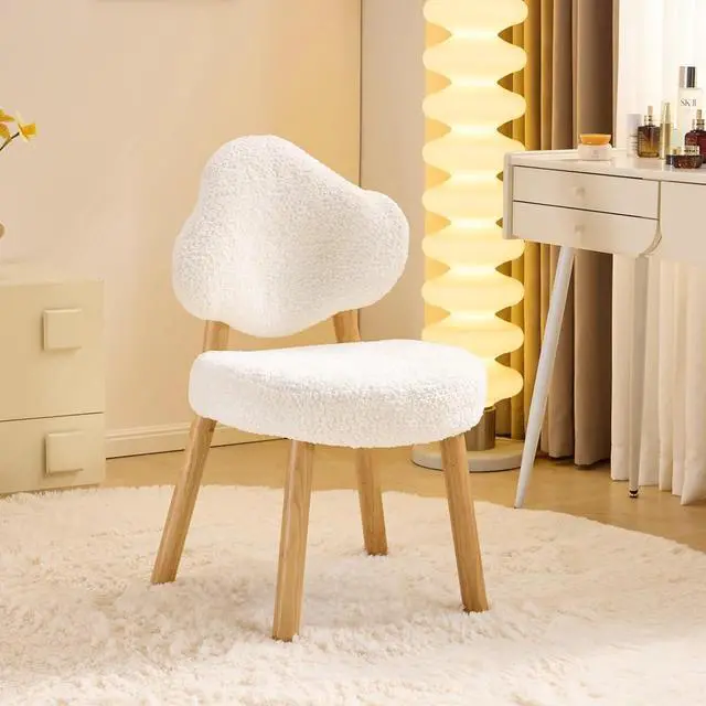 Main image of VINGLI Cute Cloud-Back Armless Vanity Chair with No Wheels, Modern Desk Chair with 4 Solid Wood Legs for Girls, Plush Chenille Velvet Comfy Makeup Accent Chair for Bedroom,Living Room,Office, White