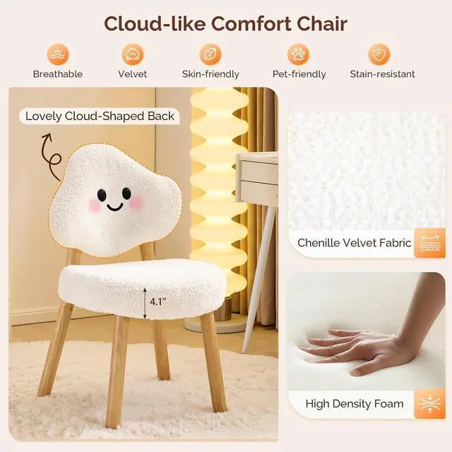 Alt view image 4 of 7 - VINGLI Cute Cloud-Back Armless Vanity Chair with No Wheels, Modern Desk Chair with 4 Solid Wood Legs for Girls, Plush Chenille Velvet Comfy Makeup Accent Chair for Bedroom,Living Room,Office, White