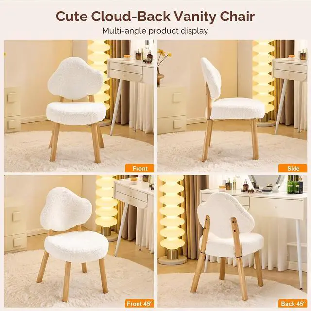 Alt view image 5 of 7 - VINGLI Cute Cloud-Back Armless Vanity Chair with No Wheels, Modern Desk Chair with 4 Solid Wood Legs for Girls, Plush Chenille Velvet Comfy Makeup Accent Chair for Bedroom,Living Room,Office, White