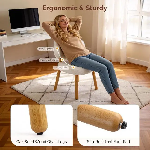 Alt view image 7 of 7 - VINGLI Cute Cloud-Back Armless Vanity Chair with No Wheels, Modern Desk Chair with 4 Solid Wood Legs for Girls, Plush Chenille Velvet Comfy Makeup Accent Chair for Bedroom,Living Room,Office, White