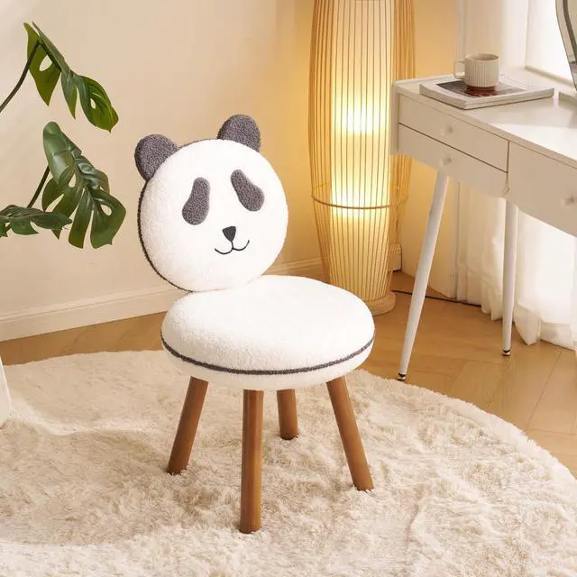 Alt view image 4 of 7 - VINGLI Cute Panda Vanity Chair No Wheels w/Solid Wood Legs & 18.1" W Seat,Armless Modern Accent Chair w/Backrest, Soft Cozy Makeup Chair,for Bedroom,Teenager Playroom,Reading Nook,Teddy Fleece,Gray