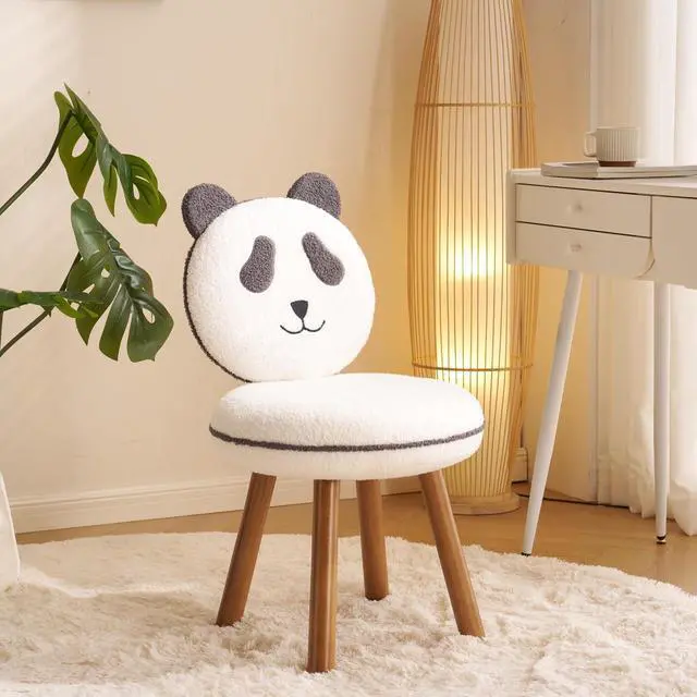 Alt view image 2 of 7 - VINGLI Cute Panda Vanity Chair No Wheels w/Solid Wood Legs & 18.1" W Seat,Armless Modern Accent Chair w/Backrest, Soft Cozy Makeup Chair,for Bedroom,Teenager Playroom,Reading Nook,Teddy Fleece,Gray